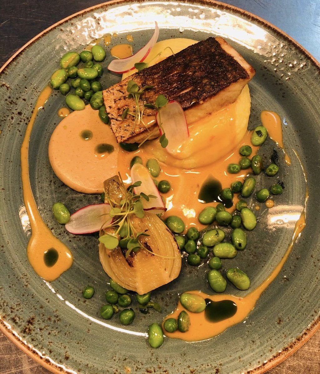 Stone bass, crab bisque, confit fennel, roast cauliflower purée #dailyspecials #gastropub #sunnyday #bestgarden