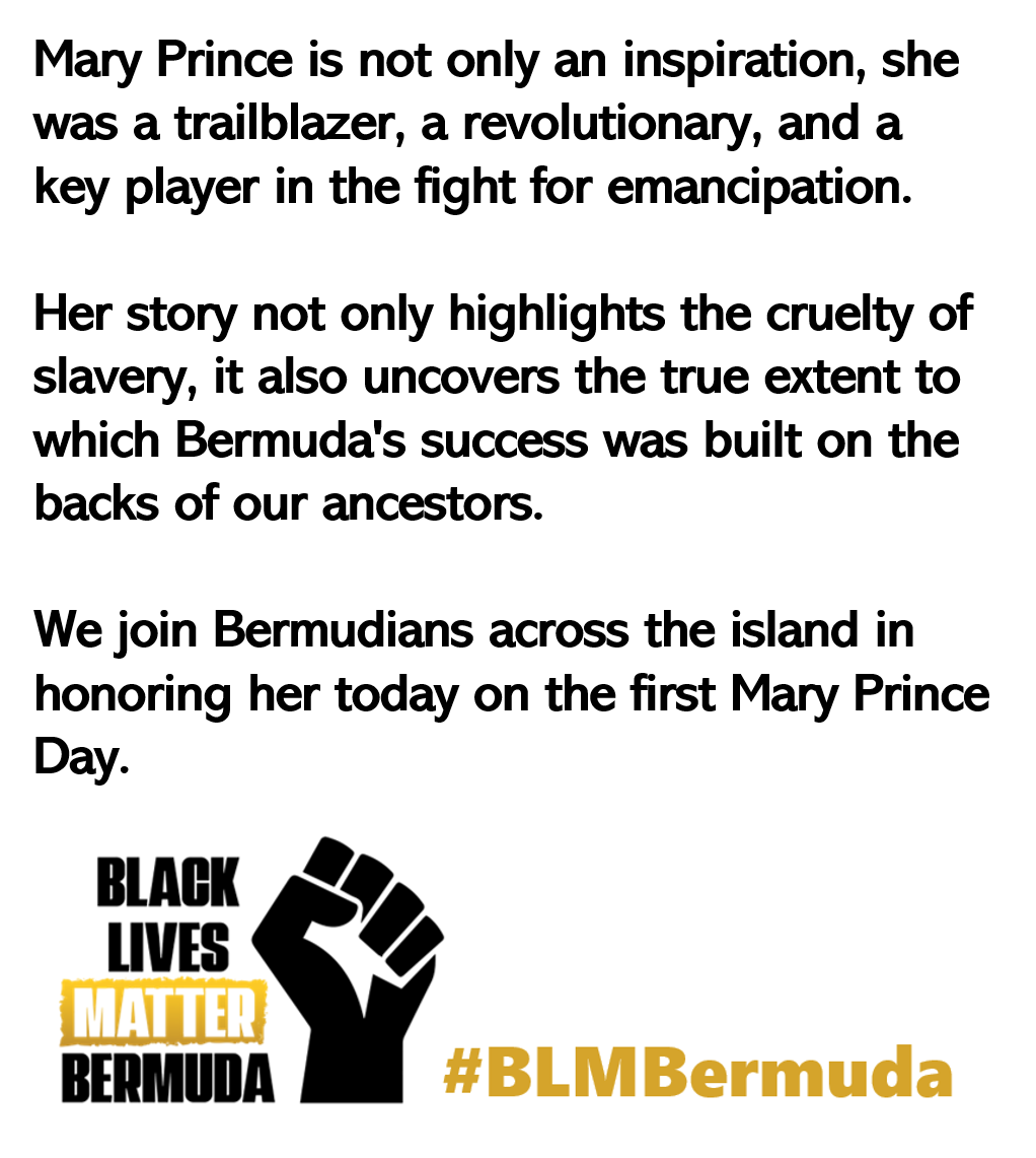 BLMBermuda's tweet photo. Happy Mary Prince Day! ✊🏽✊🏾✊🏿 https://t.co/ax3cbFQCc8