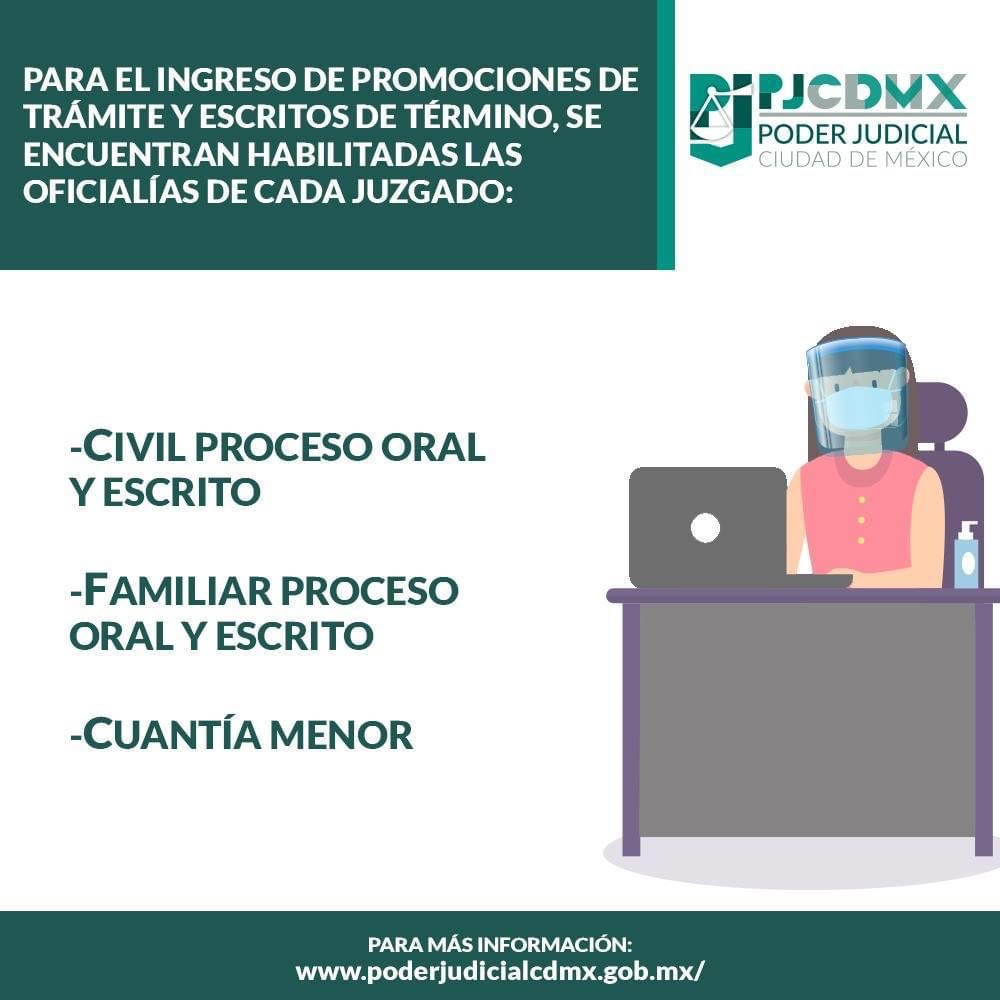 PJCDMX's tweet photo. #InformaciónImportante Hoy operan todas las oficialías de los juzgados civiles, familiares y cuantía menor para recibir tus promociones de trámite y escritos de término. Acude para agilizar tus trámites. https://t.co/tOUzylyRVT