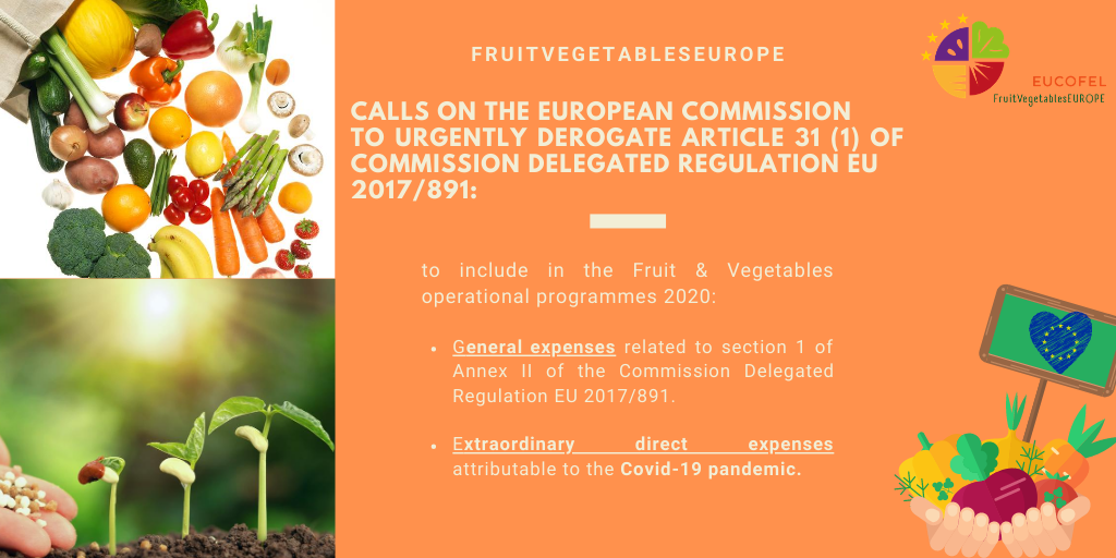 FruitvegEUROPE's tweet photo. π’#FruitVegetablesEUROPE calls on @jwojc @EUAgri to urgently derogate Article 31 (1) of EC Delegated Regulation 2017/891 in 2020, to include :
β
#generalexpenses related to section 1 of Annex II Regulation EU 2017/891
β
#extraordinaryDirectExpenses attributable to #COVID19
ππ https://t.co/gT954fLIwn