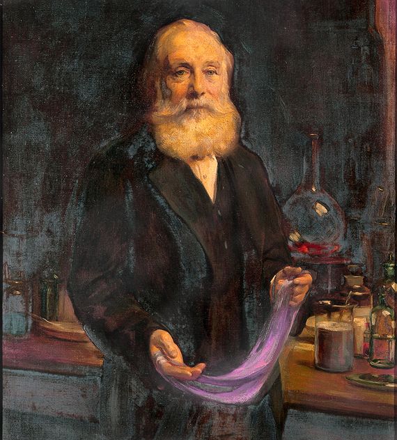 RoySocChem's tweet photo. In 1856, William Perkin (aged 18) created mauveine, one of the first synthetic dyes, and in doing do laid the foundations for the synthetic dye industry.  In Victorian England, mauveine was used in fashion, on postage stamps and our own President’s medal ribbon #collectionsunited https://t.co/01OMqGQpPg