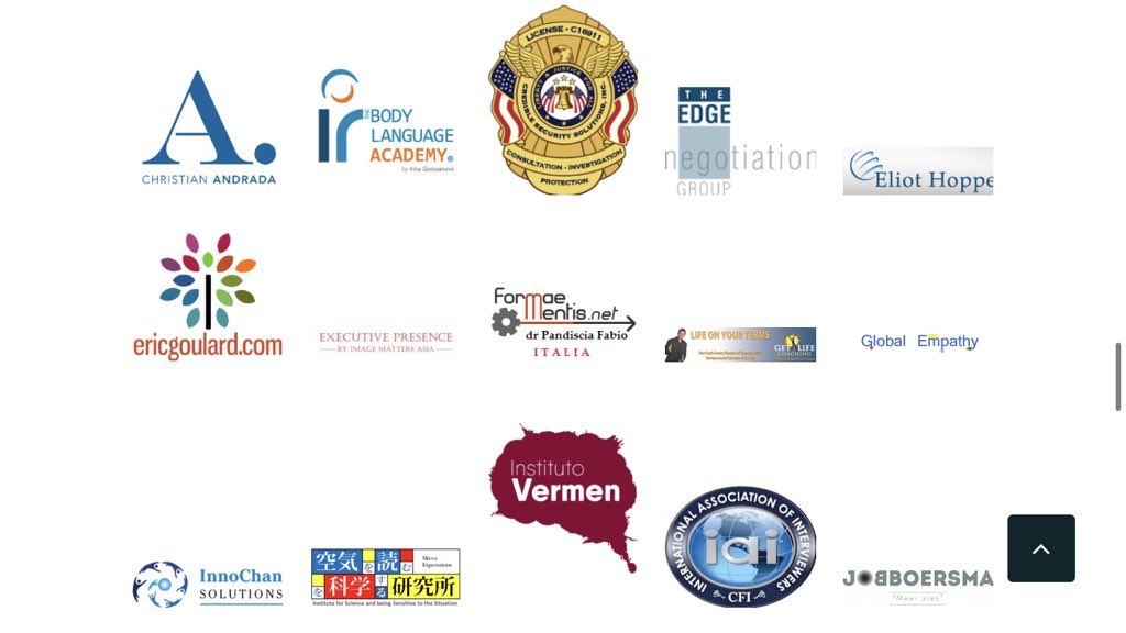 Follow our outstanding affiliates!
@emotiologie 
<a href="/CSS1_TX/">@crediblesecurity</a> 
<a href="/pecargom/">Pedro Cardenas</a> 
<a href="/institutovermen/">Institutovermen</a> 
<a href="/Expego_es/">Expego Sinergologia</a> 
@Non_Verbal_info 
<a href="/IAInterviewers/">IAInterviewers</a> 
<a href="/WZ_Training/">Wicklander-Zulawski</a> 
<a href="/FabioPandiscia/">Fabio Pandiscia</a> 
<a href="/InnoChanSol/">Denis Coleman PGD MA MSc</a> 
<a href="/New_Intell/">New Intelligence</a> 
<a href="/NoVerbalGroup/">Noverbal Consulting Group</a> 
<a href="/getlifecoaching/">Joe White</a> 
<a href="/bodylanguage01/">Susan Constantine</a> 

Learn more: humintell.com/about-us/