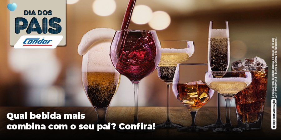 RedeCondor's tweet photo. Falta cerca de uma semana para o Dia dos Pais e no #BlogCondor você confere dicas de bebidas que mais combinam com o seu paizão, para presenteá-lo ou servir no almoço de domingo. Veja em https://t.co/xm1PsoCU6L e aproveite as ofertas do #DiadosPaisCondor. 🍷🍻🧔 https://t.co/NljqDIZnJK