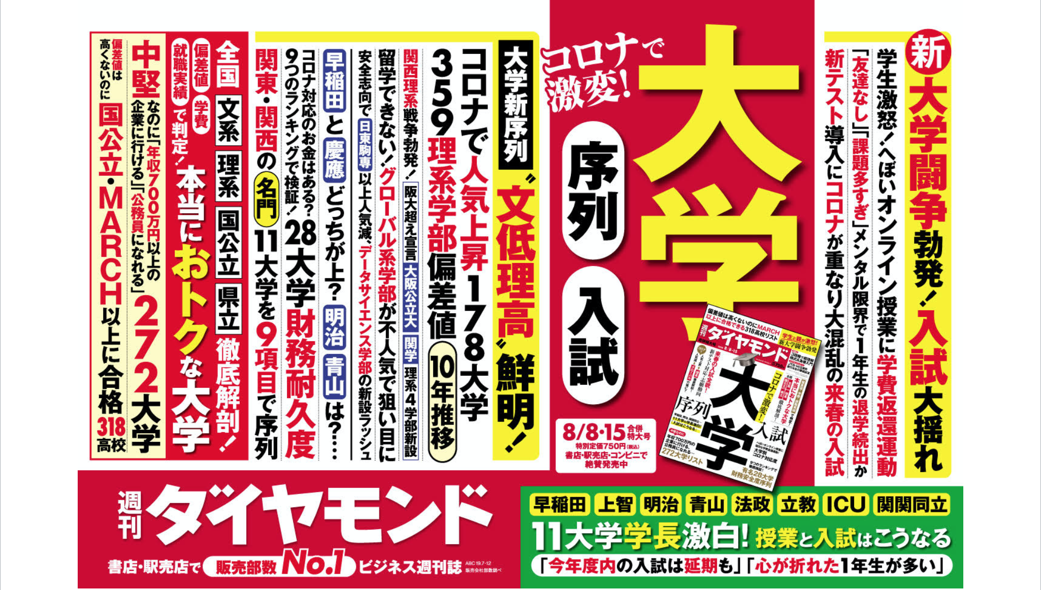 週刊ダイヤモンド編集部 発売中 週刊ダイヤモンド特大号は コロナで激変 大学 序列 入試 主要11大学学長激白 年度内入試は延期も 偏差値高くないのに国公立marchに合格318高校 偏差値高くないのに 年収700万円以上の企業に行ける272大学