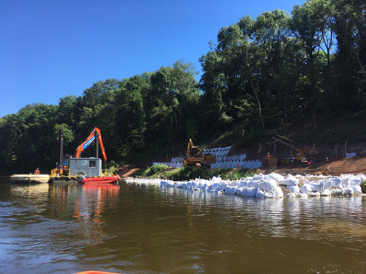 Great progress at our <a href="/SevernUnlocked/">Unlocking the Severn</a> fish pass at Holt weir too. We’re busy building the temporary dam with the bags of stone and inserting soil nails to sure up the embankment. Really taking shape now <a href="/LIFEprogramme/">LIFE Programme</a> <a href="/HeritageFundUK/">The National Lottery Heritage Fund</a> <a href="/CRTWalesandSW/">Canal & River Trust Wales and South West</a>