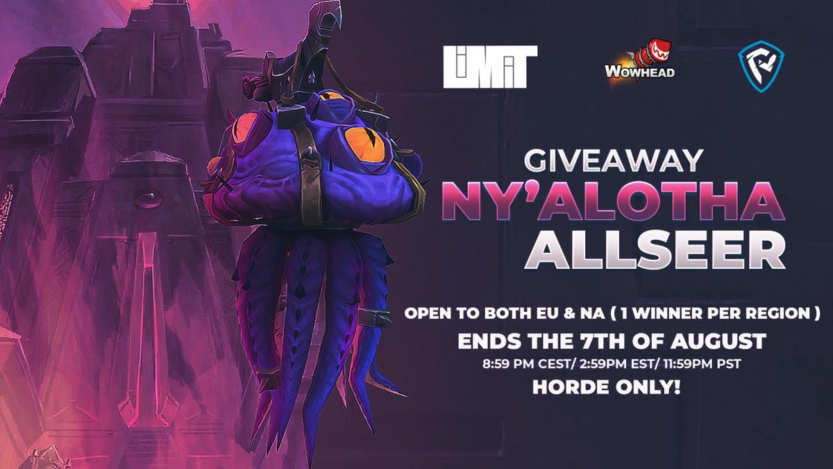 IT'S GIVEAWAY TIME! We've teamed up with @PiecesGuild & @Wowhead to give away TWO Ny'alotha Allseers (one NA and one EU)!! #Warcraft To Enter: 🐙 Follow 🐙 Retweet 🐙 Click for more: bit.ly/NyalothaAllseer 🎨 by @skogdesigns