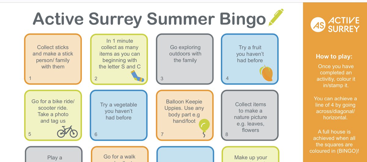SurreySENDLO's tweet photo. Looking for ideas to get the kids active?  @ActiveSurrey has some great activities on its site, including ‘Summer bingo’  https://t.co/FoagaJ0ApM https://t.co/dAZAbzyfhe