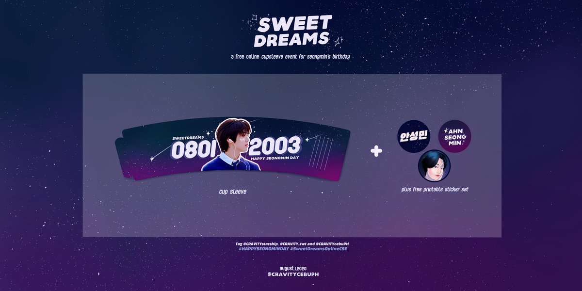 CRAVITYCebuPH's tweet photo. 🌠SWEET DREAMS CSE🌠

Let's celebrate #안성민's birthday safely at home!~

•Make your own drink
•Print the freebies
•Post photos on 2020/08/01 with the #'s #SweetDreamsOnlineCSE  #HAPPYSEONGMINDAY and tag @CRAVITYCebuPH &amp; @CRAVITYstarship

Link: https://t.co/GBGaCSuOox https://t.co/Miauil9KFj