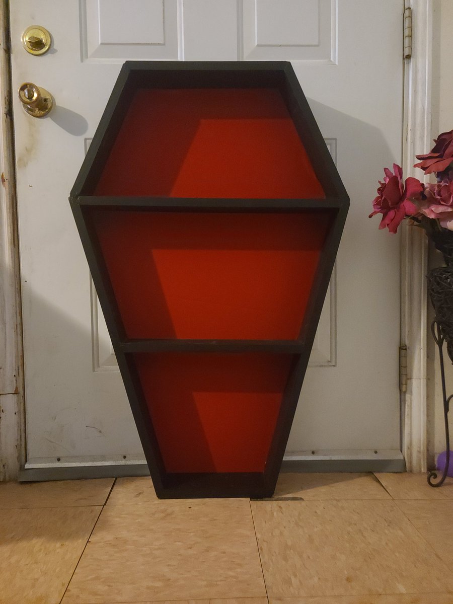 Hey Twitter, I make coffin shelves! They are handmade & handpainted 🤗 I can paint any solid color & any fabric you would like. This one is 3 ft tall and can be hung up! I also make smaller ones that I'll post a picture of when I'm finished. Even 1 RT will help me out. Thanks💜💜