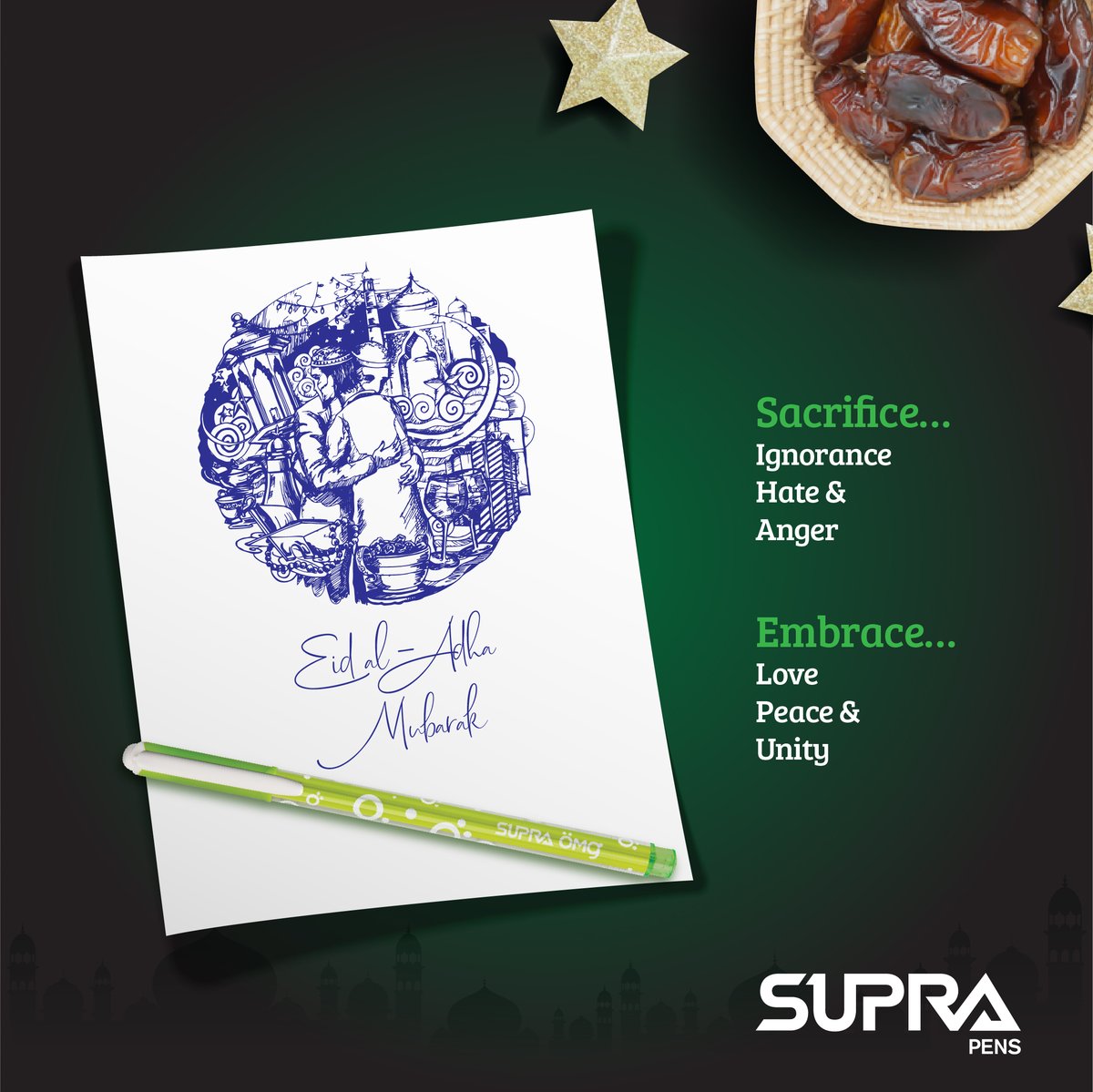 PensSupra's tweet photo. May the merciful Allah accept our sacrifices and bless us with peace, joy and harmony on the pious occasion of Eid al-Adha!
#EidAlAdha #EidMubarak #Blessing #WriteToTell #SupraPens https://t.co/KsaUxMf6yF
