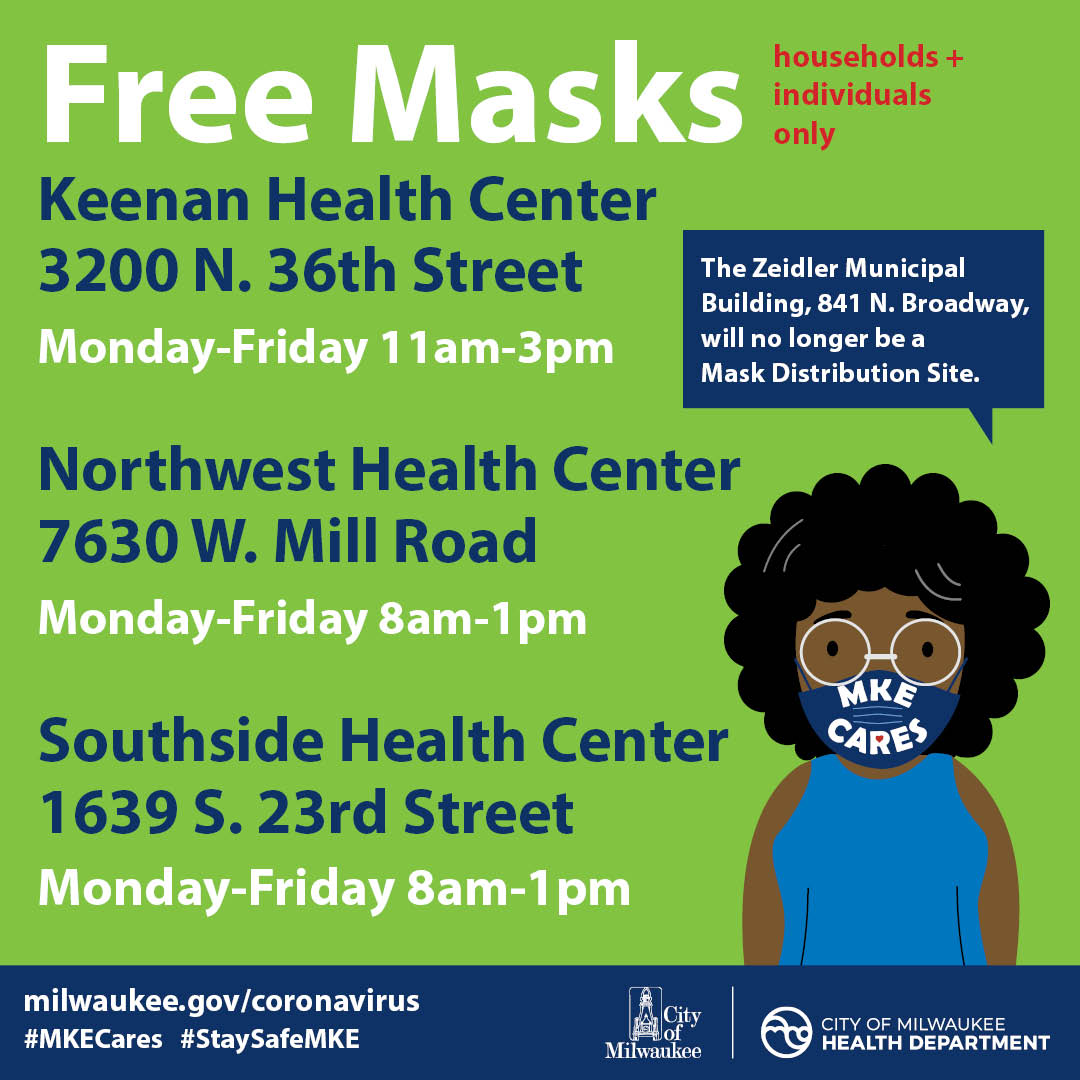 cityofmilwaukee's tweet image. Need a mask? Take advantage of one of the options below to receive one for free!