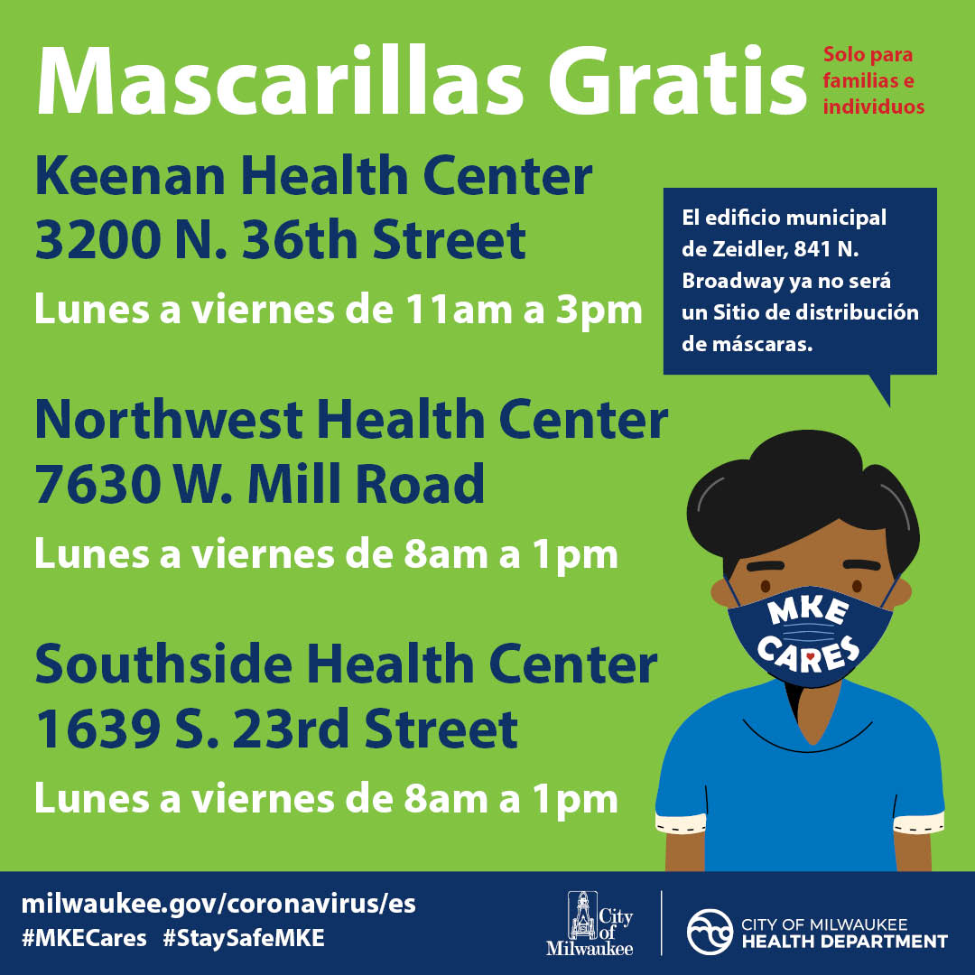 cityofmilwaukee's tweet image. Need a mask? Take advantage of one of the options below to receive one for free!
