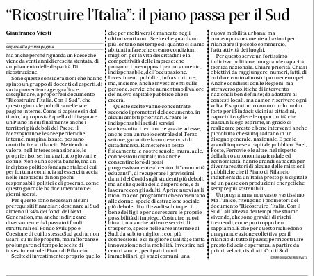 profgviesti's tweet photo. Perché abbiamo proposto il documento 

Ricostruire l’Italia. Con il Sud

Dal Messaggero 31/7 https://t.co/Oj9oui8D8p