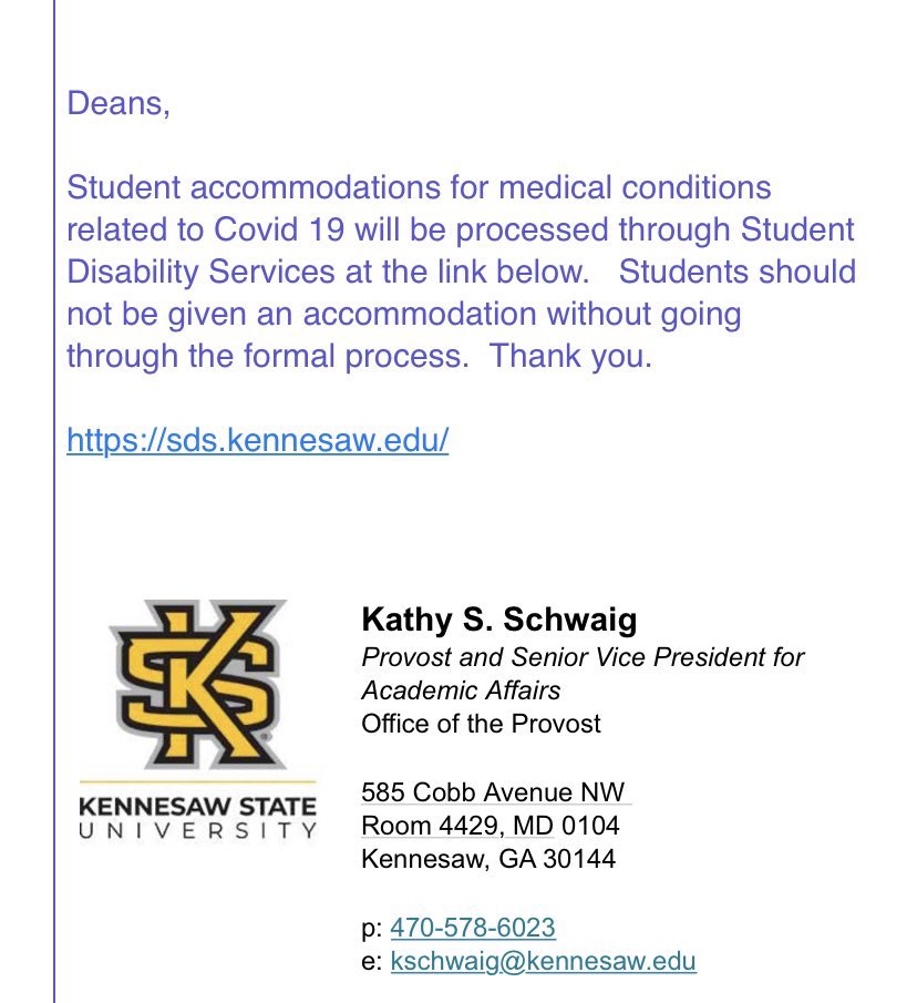 I’m also really perplexed by this communication from Kennesaw state administrators to their faculty. This seems an unnecessary level of micromanagement. Faculty can offer any accommodations they want to. Attendance policies should be super flexible this fall.