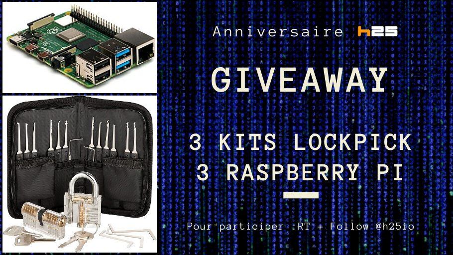 Pour célébrer notre premier anniversaire, nous organisons un tirage au sort !

Pour participer au tirage des 3 Raspberry Pi :
➡️ FOLLOW <a href="/h25io/">h25</a>
➡️ RETWEET

Les kits de crochetage sont à gagner sur discord.h25.io dans le channel annonces🙂

TAS pendant le stream du 20/08 !