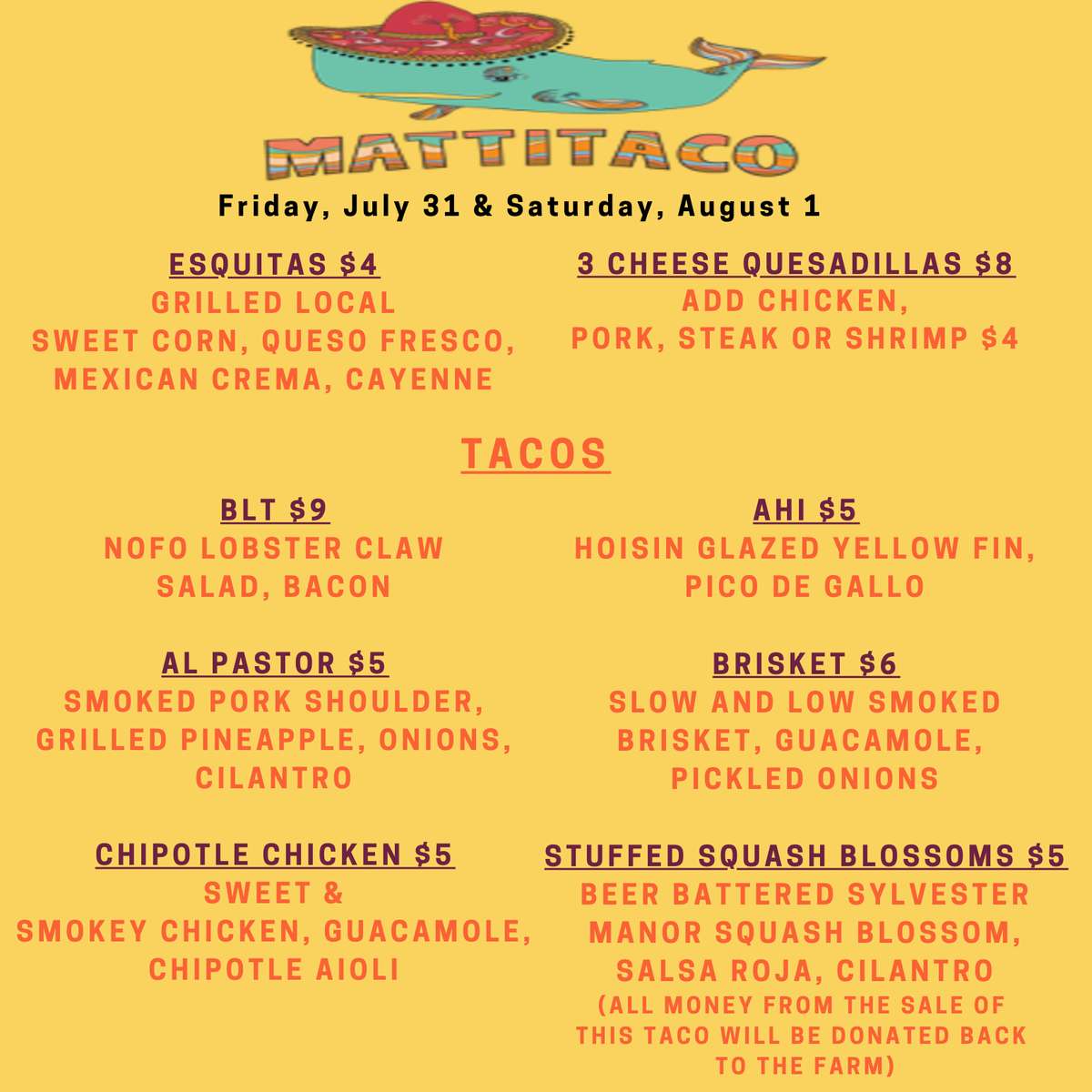 Foodie Friday &amp; Saturday this week! Mattitaco will be set up in the parking lot at the Farmstand today from 1-8pm and Sat 12:30-5pm. Grab a taco or two for lunch or dinner and help support the Manor--proceeds from the sale of the Stuffed Squash Blossom taco go directly to us!
