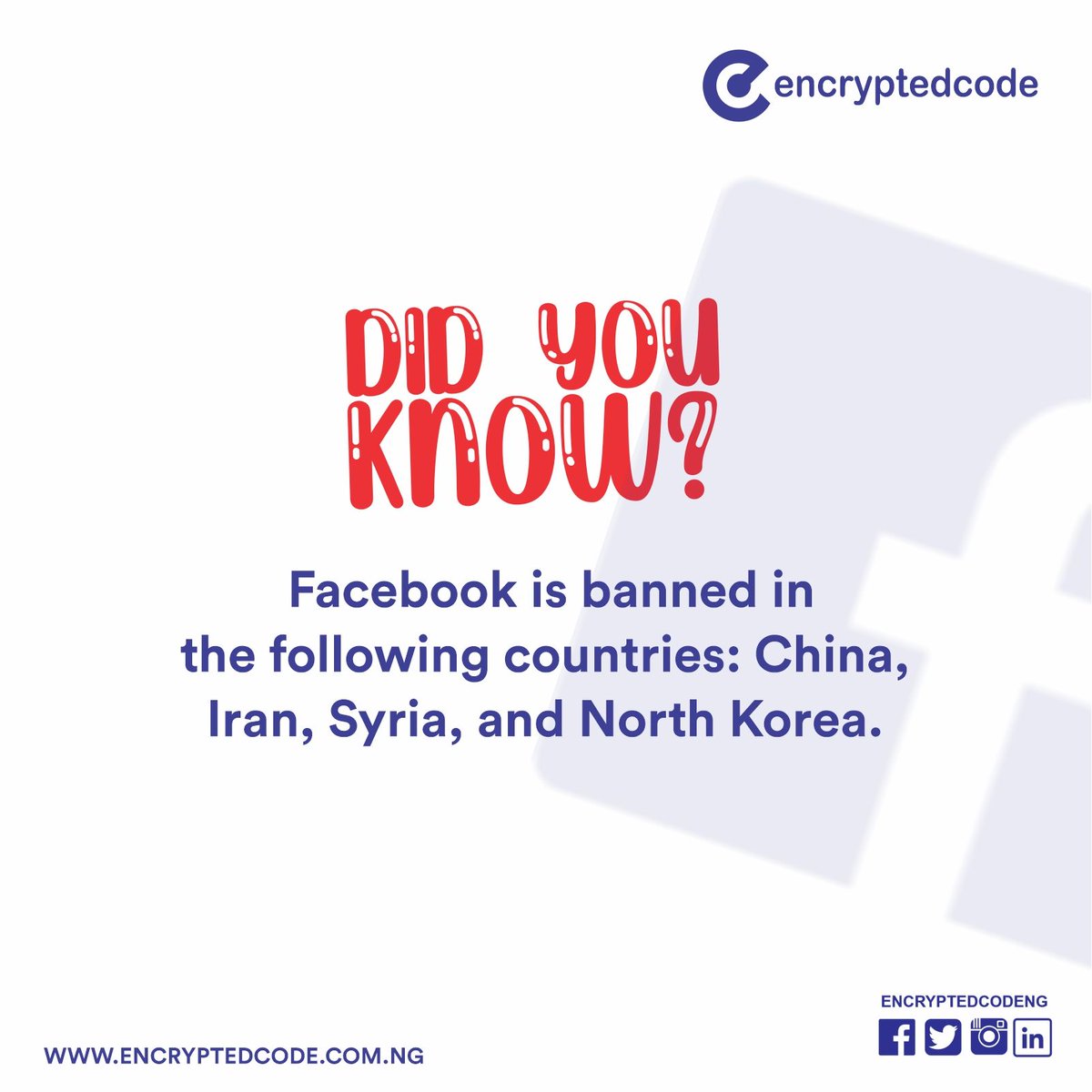 encryptedcodeng's tweet photo. Many totalitarian governments censor content published on various websites. There are plenty of countries in the world where websites get banned, for political, religious, or ethical reasons...
#FunFactfriday #Facebook #EncryptedCodeng https://t.co/liFDxxQCLt
