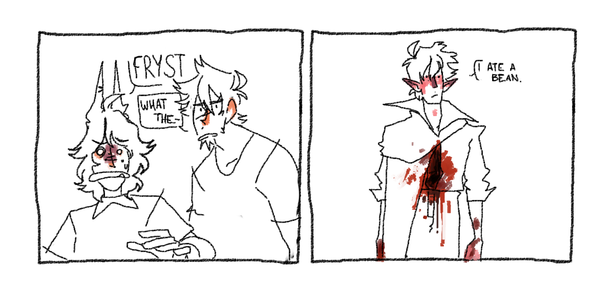 Fryst's stomach and intestines are frozen, so whenever something gets in it by accident (swallowing something he just wanted to try) he has to tear his stomach open- and then close the wound by freezing it,,, 