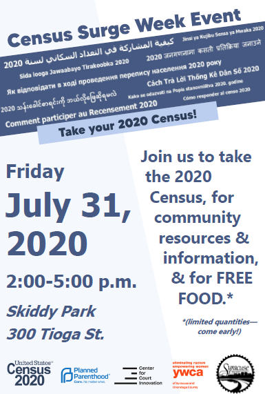Syracuse1848's tweet photo. #CensusPushWeek continues with an event today at Skiddy Park (300 Tioga St.) from 2-5 p.m. There will be food and other resources, along with information for people to learn about the importance of the 2020 Census. Join the community effort to increase the response participation. https://t.co/LRIU5xp66l