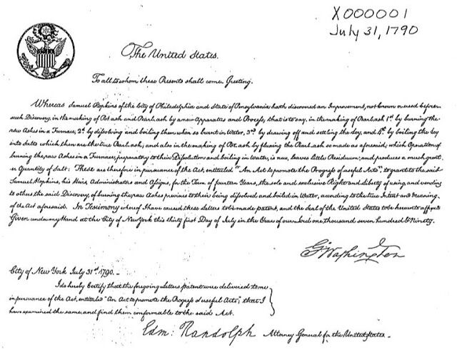 Adam Mossoff (@adammossoff) on Twitter photo On this date in #innovation history: Samuel Hopkins receives the very first U.S. #patent in 1790, signed by Pres. George Washington, for Hopkins' #invention of a new process of making potash #PatentsMatter <a href="/uspto/">USPTO</a> <a href="/patenthistory/">Chris Beauchamp</a> <a href="/SI_Invention/">Lemelson Center</a> <a href="/zvisrosen/">Zvi S. Rosen</a> <a href="/KaraWSwanson/">Kara Swanson @karawswanson@mastodon.social</a> On this date in #innovation history: Samuel Hopkins receives the very first U.S. #patent in 1790, signed by Pres. George Washington, for Hopkins' #invention of a new process of making potash #PatentsMatter <a href="/uspto/">USPTO</a> <a href="/patenthistory/">Chris Beauchamp</a> <a href="/SI_Invention/">Lemelson Center</a> <a href="/zvisrosen/">Zvi S. Rosen</a> <a href="/KaraWSwanson/">Kara Swanson @karawswanson@mastodon.social</a>