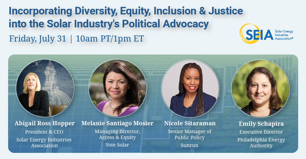Happening TODAY at 1:00PM ET: Leaders from <a href="/votesolar/">Vote Solar</a>, <a href="/Sunrun/">Sunrun</a> and <a href="/philaenergy/">PEA</a> will discuss equity and justice issues in the solar industry and how we can make them a central part of our policy advocacy.

Register now: seia.org/events/seia-su…