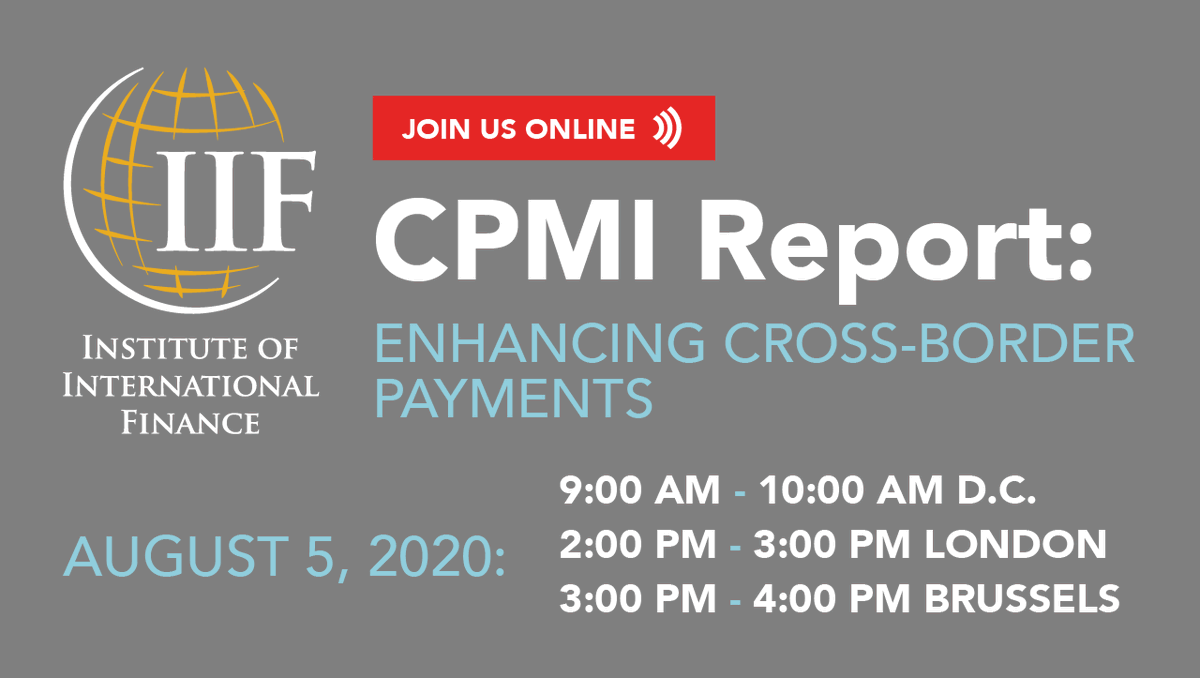 IIF (@iif) on Twitter photo Join the IIF on Aug. 5 for a discussion of the recent #CPMI report on Enhancing Cross-Border #Payments w/ Tara Rice <a href="/BIS_org/">Bank for International Settlements</a>, <a href="/rjmcwaters/">R. Jesse McWaters</a> <a href="/Mastercard/">Mastercard</a>, Lisa Robins <a href="/StanChart/">Standard Chartered</a> & John Ryan <a href="/AsiaEmerging/">EmergingPaymentsAsia</a>.
Event registration: ow.ly/skxg30r1r6v Join the IIF on Aug. 5 for a discussion of the recent #CPMI report on Enhancing Cross-Border #Payments w/ Tara Rice <a href="/BIS_org/">Bank for International Settlements</a>, <a href="/rjmcwaters/">R. Jesse McWaters</a> <a href="/Mastercard/">Mastercard</a>, Lisa Robins <a href="/StanChart/">Standard Chartered</a> & John Ryan <a href="/AsiaEmerging/">EmergingPaymentsAsia</a>.
Event registration: ow.ly/skxg30r1r6v