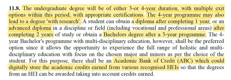  #NEP2020 Most impressive point on Higher education4 year degree with MULTIPLE EXIT points & RESEARCH option on the last year SUPERB 