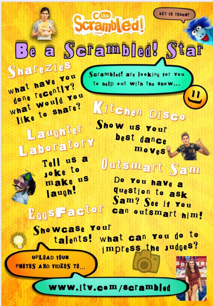 WEE | SCRAMBLED We loved having the Scrambled team from <a href="/ChildrensITV/">CITV</a> filming our students in Brighton for the last 2yrs. Unfortunately they won’t be filming us this year, but have asked us to spread the word for all of you to send in as many videos as possible. See the poster.