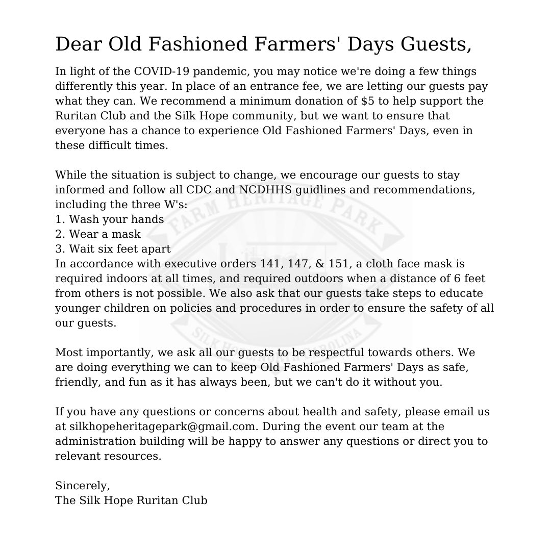 SHRuritans's tweet photo. Old Fashioned Farmers’ Days is on for Labor Day Weekend 2020! Here is our official statement regarding the COVID-19 outbreak and our change in policies. https://t.co/Idrn8i5I6h