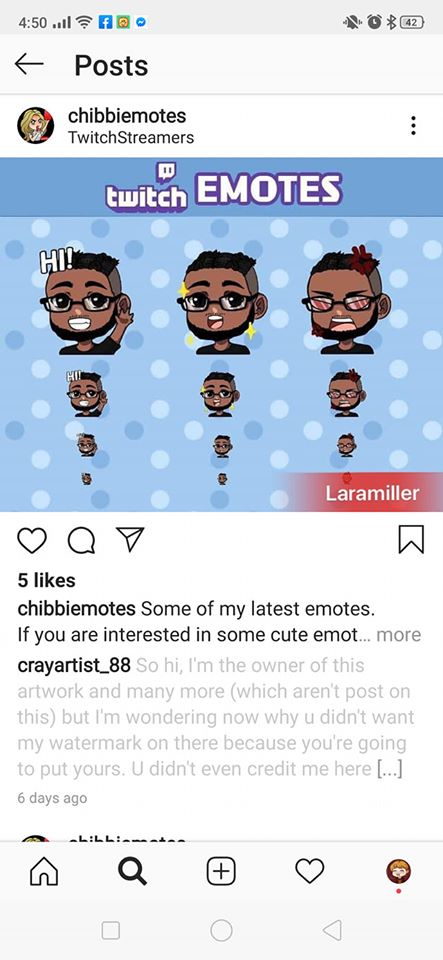 I been on facebook commission groups and there's a person commissioned cheap emote artist and resell them with a higher prices.They would be the middle man and commission other artist to draw the commission they got, they also post the emotes without credit to the actual artist.