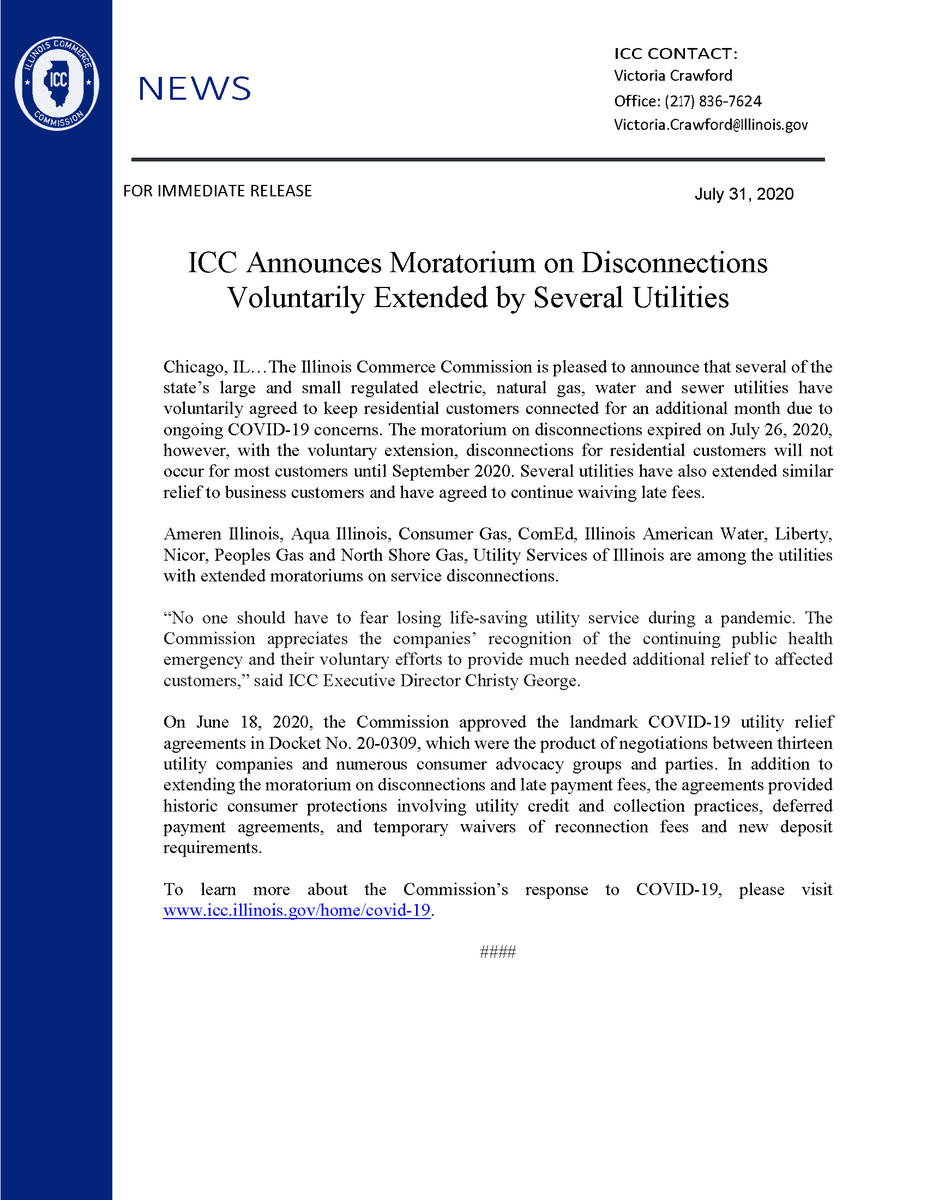 ILCommerceComm's tweet photo. The ICC Announces Moratorium on Disconnections Voluntarily Extended by Several Utilities. To read the press release visit https://t.co/lOazubMv8P
#illinoiscommercecommission #publicutilities #regulatory #publicutilitycommission https://t.co/xM2EBQvygT