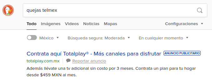 hijocas's tweet photo. #duckduckgo buscas #quejastelmex y el primer resultado es un anuncio de totalplay #notbadnotbad https://t.co/qaGkAuUTVK