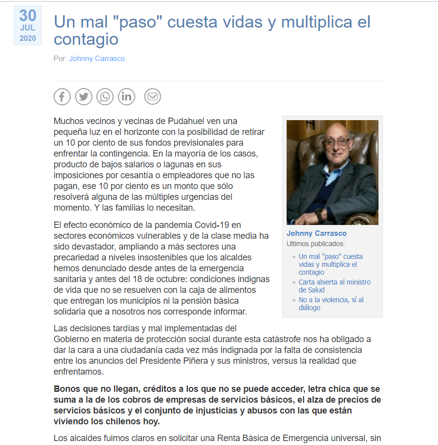 impudahuel's tweet photo. Te invitamos a leer la nueva columna de nuestro alcalde @jcarrascoc en @Cooperativa 👇

Un mal "paso" cuesta vidas y multiplica el contagio

https://t.co/Lh9tciWAFr https://t.co/zfV4jyE8Bu