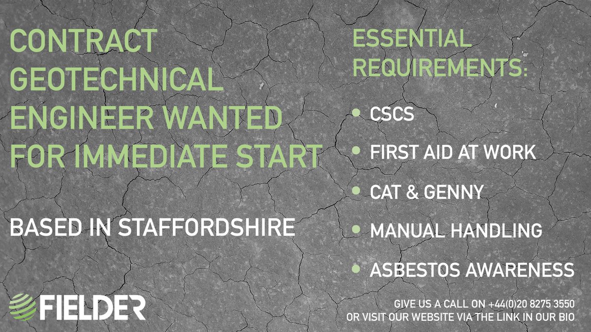 Fielders's tweet image. Contract Geotechnical Engineer wanted for immediate start
Based in Staffordshire 
Give us a call on +44(0)20 8275 3550

#geotechnicalengineering #geotechengineering #fielder #staffordshire #engineering #engineer #groundengineering