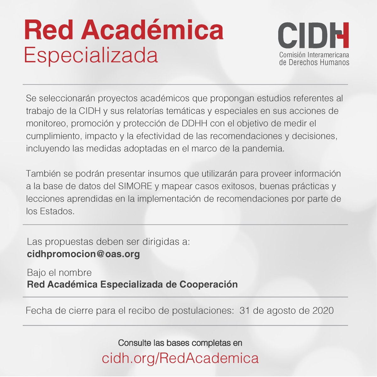 CIDH's tweet photo. #RedAcademicaDDHH | La @CIDH avanza con el Observatorio de Impacto para contribuir a sistematizar, visibilizar y reflexionar sobre los impactos de su actuación en la defensa y protección de los #DDHH en el hemisferio.
📌Descarga convocatoria, aquí👇🏾
https://t.co/4iWLWHxJpg https://t.co/JvCAcbuE1e