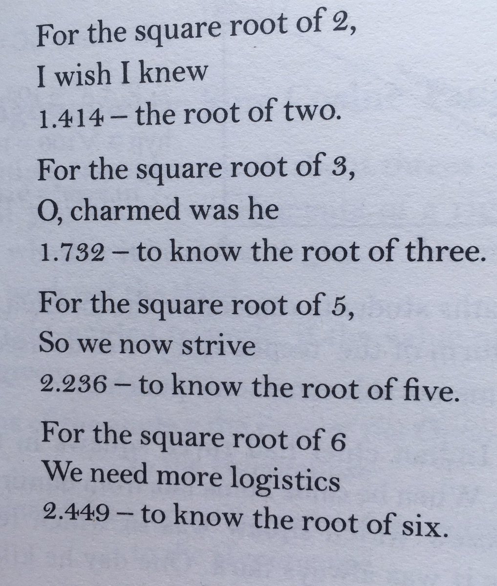kyledevans's tweet photo. You might be familiar with pi-ems, poems to help memorise pi with the word lengths. Here are some similar poems for square roots: https://t.co/Hn1Jjh2NpL