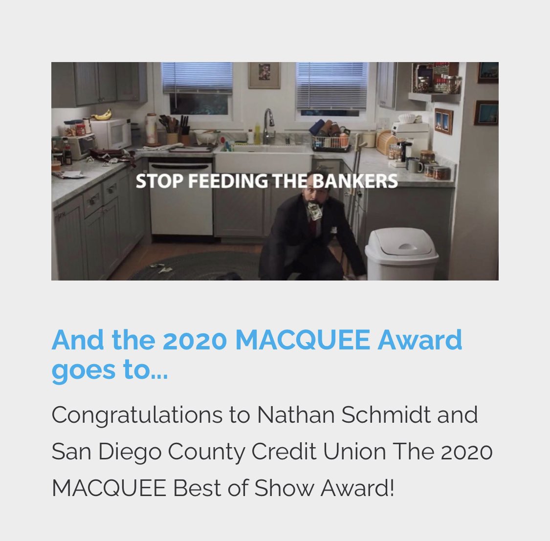 macassociation's tweet photo. Stop Feeding The Bankers takes home top #MACQUEE 2020 award!  View at https://t.co/uYQqGEdpFq #winnerwinner @sdccu ‼️💃‼️ https://t.co/z8ZwdfZUMS