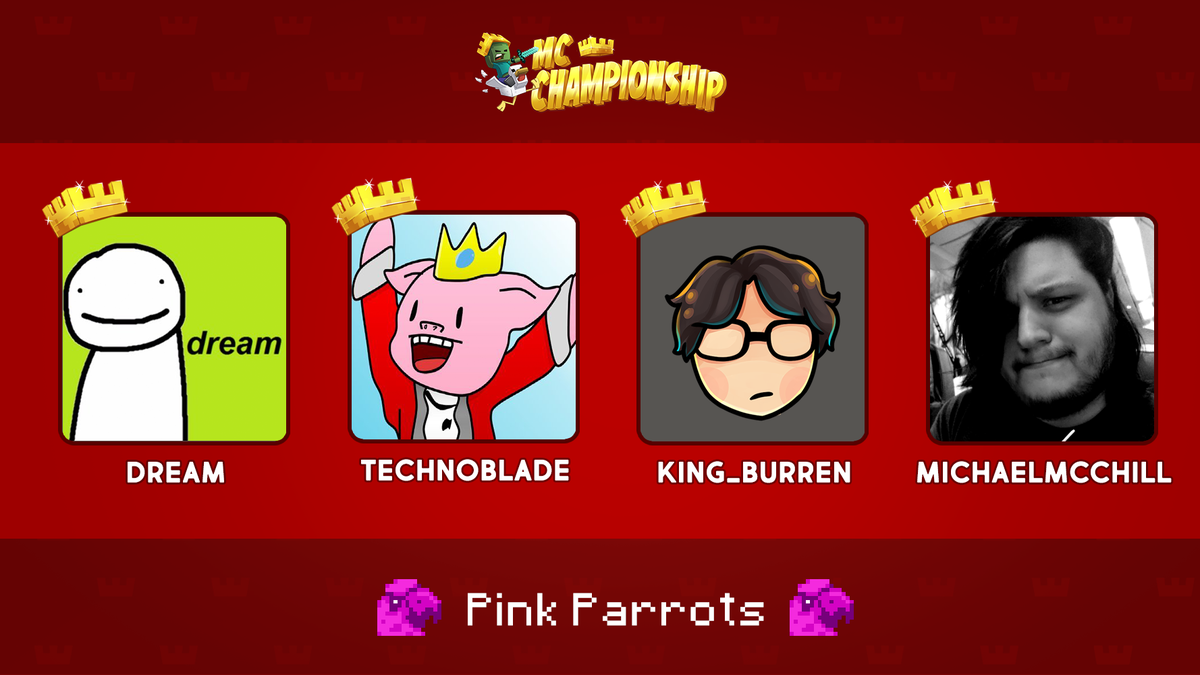 👑 Announcing Team Pink Parrots! 👑

@DreamWasTaken @Technothepig @King_Burren @Michaelmcchill

Watch them compete in the MC Championship on Saturday 15th August 8pm BST!

mcchampionship.com