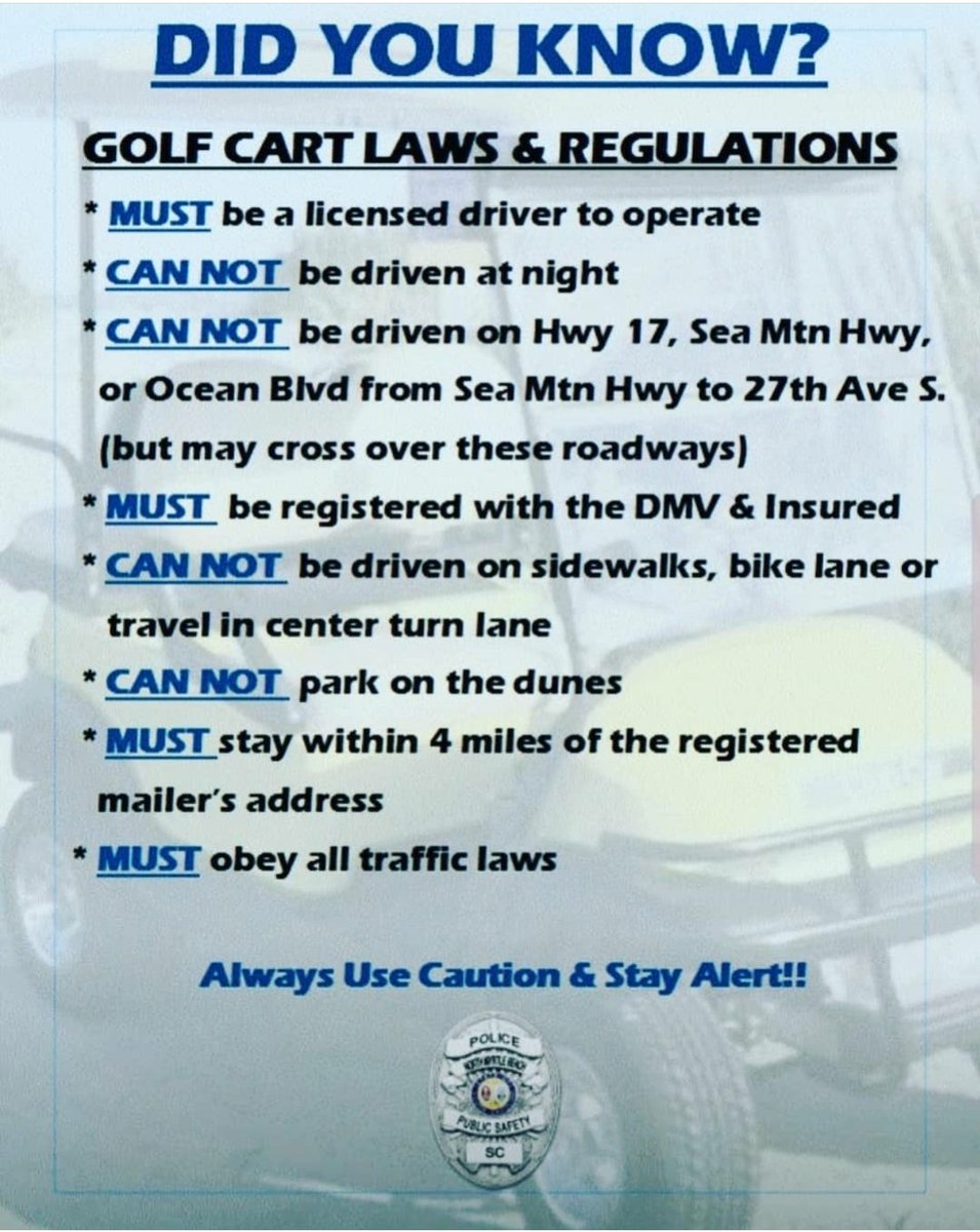 NmbPolice's tweet photo. Golf Carts are popular amongst our visitors and residents as a fun, easy way to get around.
Before you jump on to go for a ride, let's be aware and follow the laws. We want everyone to enjoy their golf Carts and stay safe! #golfcart #Northmyrtlebeach https://t.co/7yEZB8mZOa