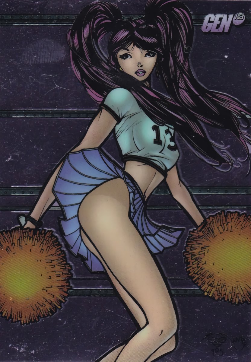 I finally discovered the identity of a pic I'd been curious about since the late 90's.  It was part of a comic book sales brochure.  I took a pic and did a GIS and got an answer.  It's Bliss from Gen13/DV8 in a cheerleader outfit.Here is the original upscaled with Waifu2x 