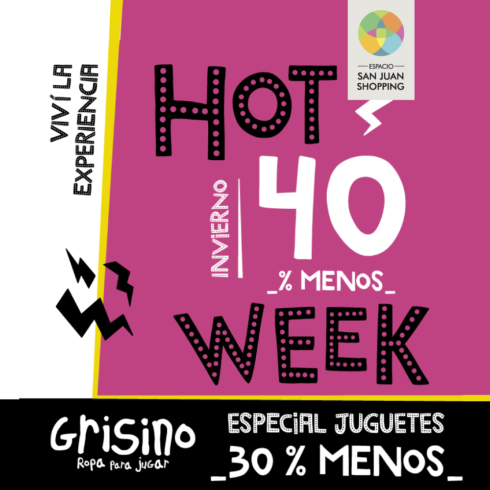 Hasta el domingo 02 de agosto en Espacio San Juan Shopping hay HOT WEEK <a href="/Grisinoar/">Grisino</a> y vos tenés 40% OFF colección invierno 20 y 30% OFF especial juguetes para ellos. 🥰 ¡Adelantate al Día del Niño y no te lo pierdas! 🌈