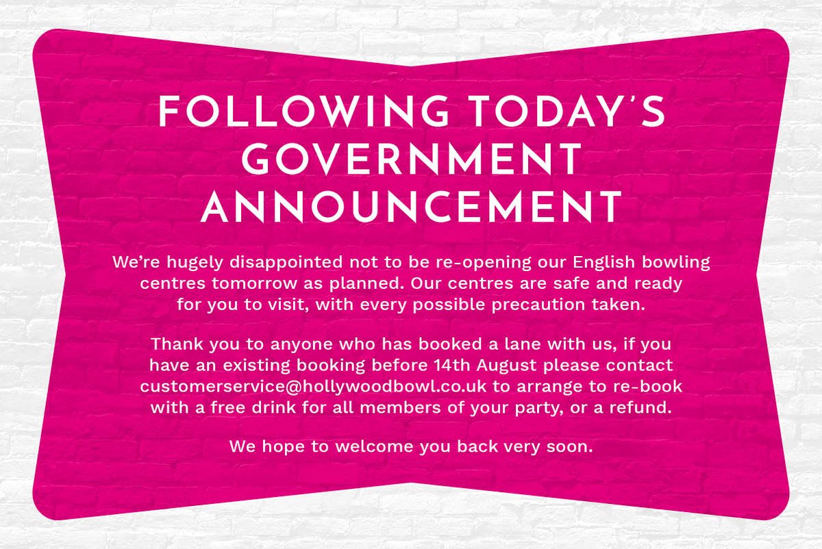 HollywoodBowlUK's tweet photo. We are hugely disappointed not to be welcoming you back tomorrow. #BringBackBowling continues. Bowling will be back! https://t.co/fWjGtPJ82Y