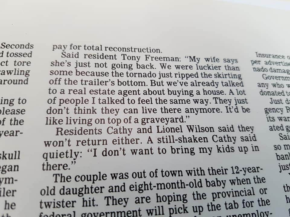 July 31, 1987 - we lived in Evergreen Trailer Park. My Dad was at work while my mother and I were at home, in our trailer. My Mom talks about how humid it was the days leading up to the tornado. I had an opportunity to talk to her about it a few weeks ago. 1/x