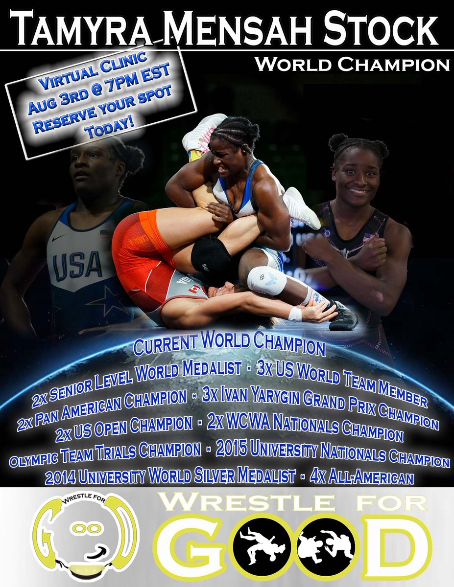 Monday evening we’ve got high energy, World Champion <a href="/MensahTamStock/">Tamyra Mensah Stock (Tyra Mae Steele WWE)</a> as our featured clinician. Start your August right with a great workout and plenty of laughs! 💥 wrestleforgood.com/index.htm <a href="/WrstleLikeAGirl/">Wrestle Like A Girl</a>