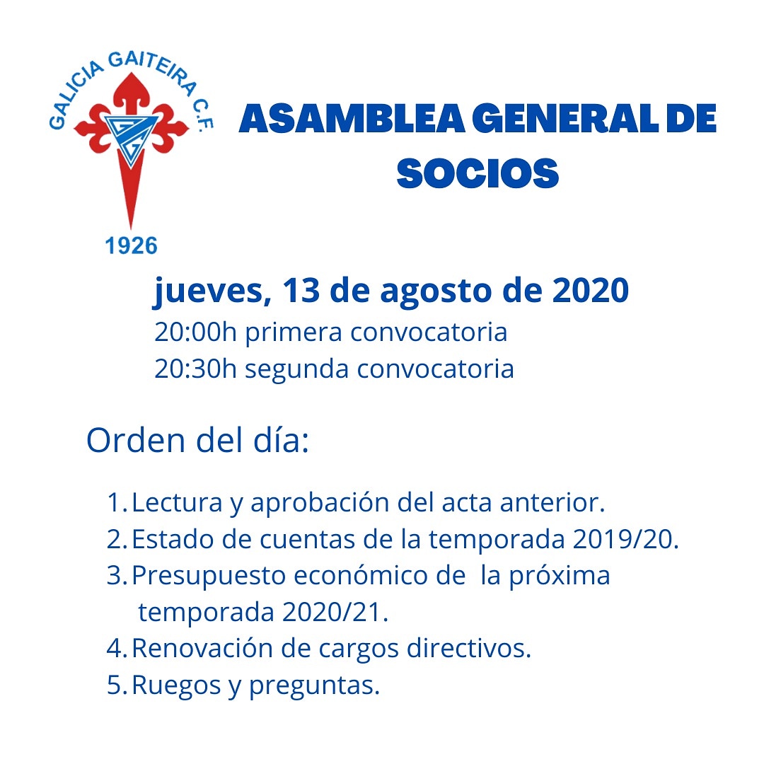 GaiteiraCF1926's tweet photo. ASAMBLEA GENERAL DE SOCIOS, jueves 13 de agosto #galiciagaiteira https://t.co/dwmCGBUVBV