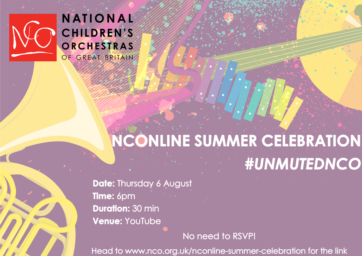 ncogb's tweet photo. You - yes, you - are invited to the #NCOnline Summer Celebration on Thursday 6 August at 6pm! It'll be a virtual showcase like no other, celebrating the amazing achievements of NCOnline's young musicians 🎶🥳🎼🎊 #UnmutedNCO RT to help spread the word!

https://t.co/ztfj18LYAf https://t.co/RrS0VrYVK8