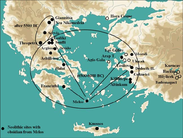 The first farmers arrived in the area we call Greece around 9,000 years ago, bringing with them domesticated plants & animals as well as ceramic production technologyThey quickly recognized the value of Melian obsidian and began exporting it all over the Aegean/8