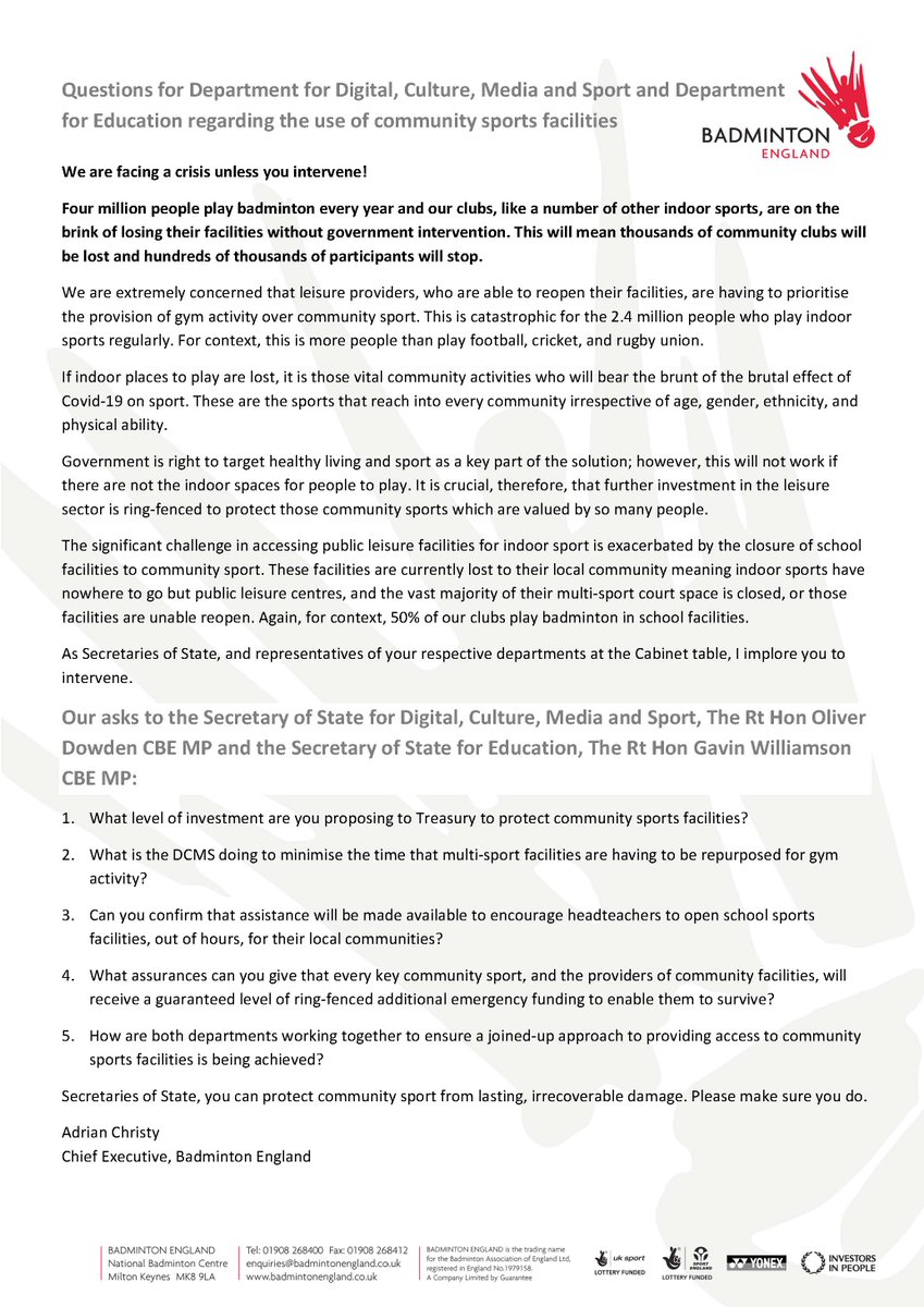 Adrian Christy (@adrianchristy) on Twitter photo The lack of access to community sports facilities is becoming a crisis for grass roots badminton (and many indoor sports).
Today, I have asked questions of <a href="/OliverDowden/">Oliver Dowden</a> and <a href="/GavinWilliamson/">Sir Gavin Williamson CBE MP</a> - their intervention is desperately needed <a href="/BadmintonEnglnd/">Badminton England</a> <a href="/Sport_England/">Sport England</a> <a href="/BBCSport/">BBC Sport</a> The lack of access to community sports facilities is becoming a crisis for grass roots badminton (and many indoor sports).
Today, I have asked questions of <a href="/OliverDowden/">Oliver Dowden</a> and <a href="/GavinWilliamson/">Sir Gavin Williamson CBE MP</a> - their intervention is desperately needed <a href="/BadmintonEnglnd/">Badminton England</a> <a href="/Sport_England/">Sport England</a> <a href="/BBCSport/">BBC Sport</a>