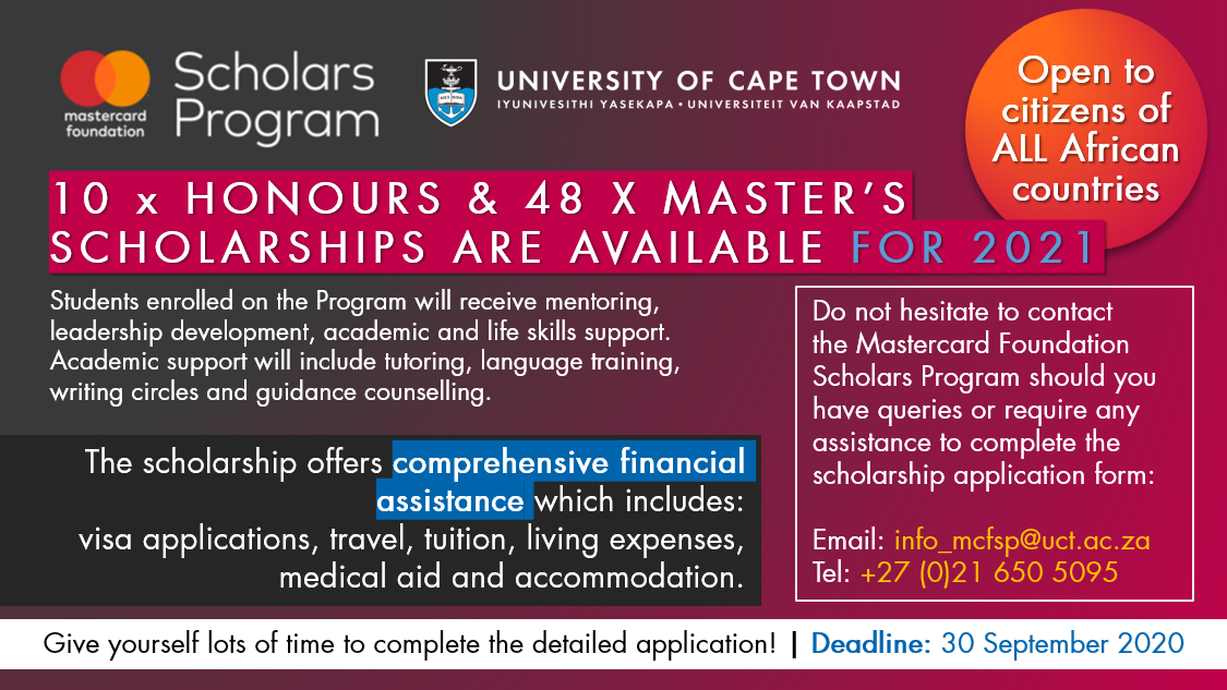 Apply now for <a href="/MCFSP_UCT/">MCFScholarsUCT</a> 2021! <a href="/MastercardFdn/">Mastercard Foundation</a> global Scholars’ Program provides academically talented young people from economically disadvantaged communities in #Africa with access to quality university education <a href="/UCT_news/">UCT</a>. More info: bit.ly/UCTMCS2021