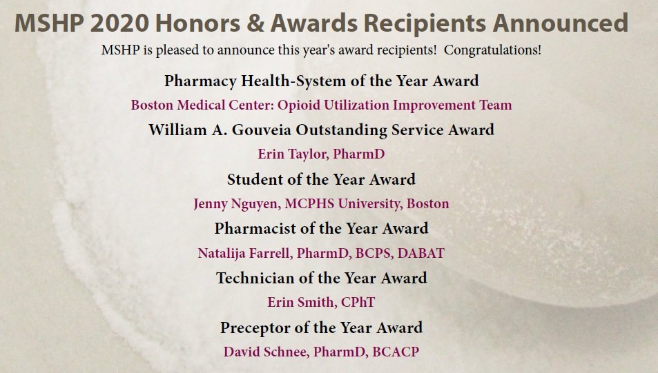 MAPharmacists's tweet photo. 🥳 Have you read our #MaSHP newsletter? You can access it online at https://t.co/NVggLph3zr
In it we highlight our 2020 award recipients! https://t.co/LiA11vg2Jf